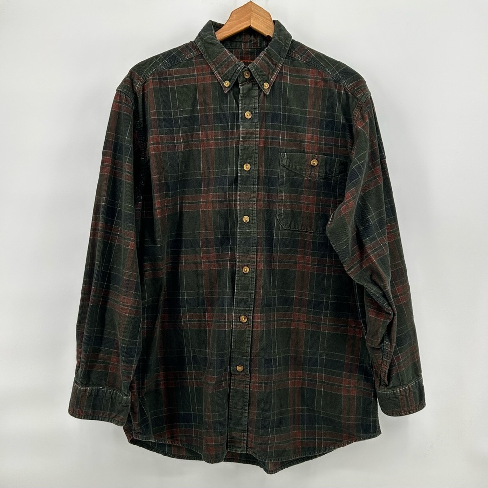 Basic Options‎ Corduroy Shirt Mens L Plaid Cabincore Button Up Cotton Rusti
